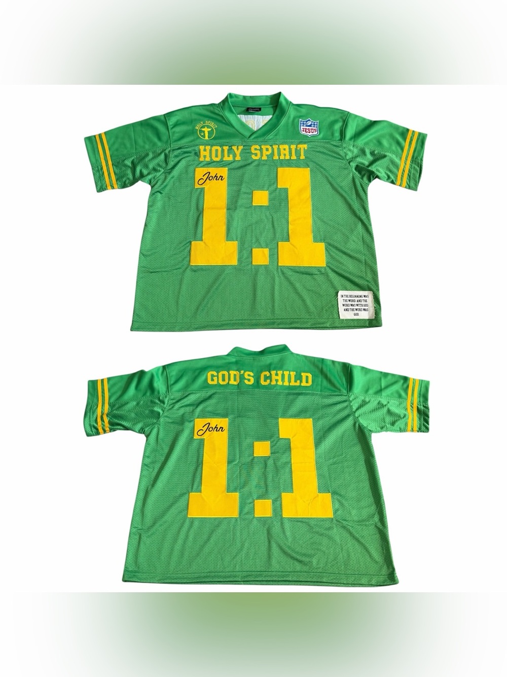 The Holy Spirit Clothing Men’s Football Jersey Sz XL Green Gods Child John 1:1